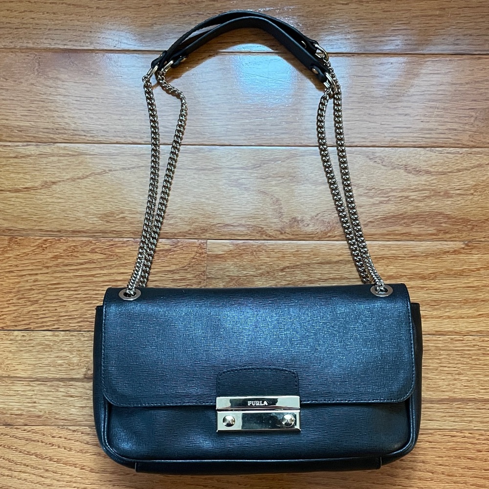 Furla Black Convertible Chain Strap Shoulder Bag Textured Leather
